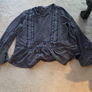 LOFT Black and White Striped Blouse with Embellished Details